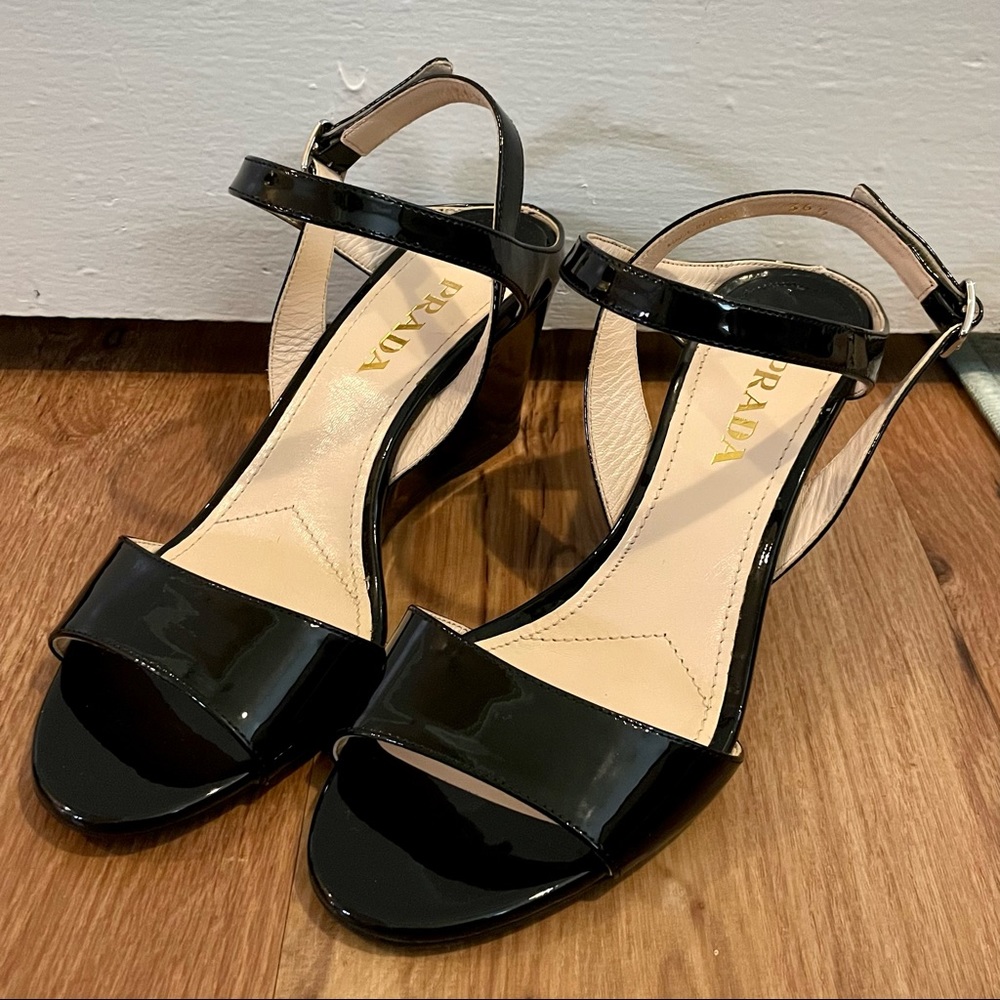 PRADA Patent Leather Wedge Sandal Black